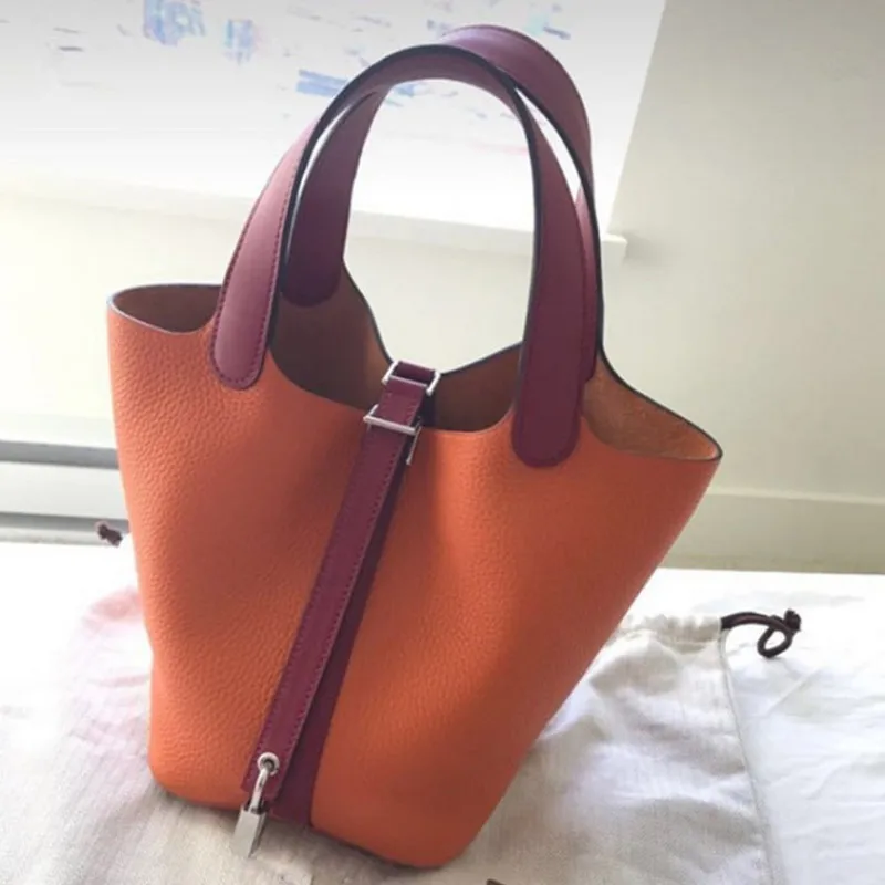 Buyuwant Genuine Leather Handbags Drawstring Designer leather bucket bag lychee pattern simple handbag GN-SB-stlzbd - Цвет: 4