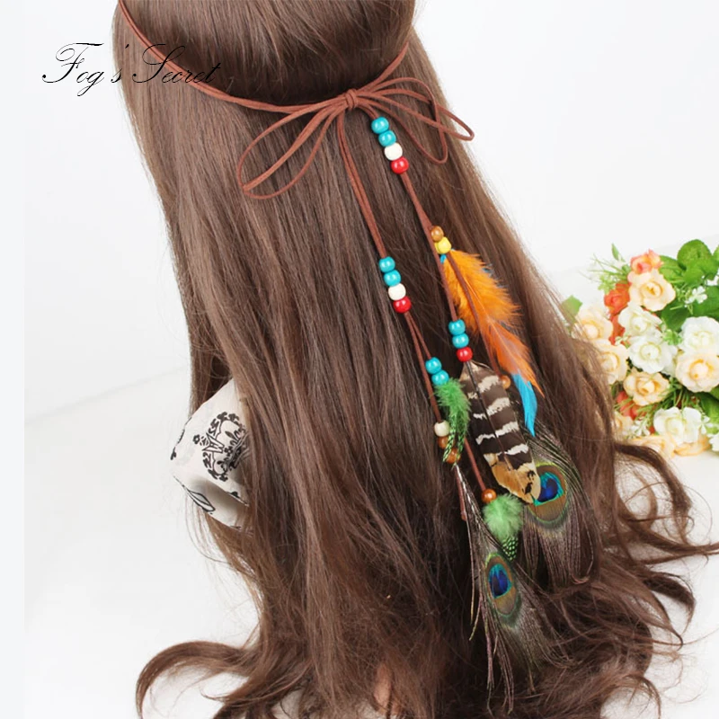 Женская ободок для волос этнического стиля с деревянными бусинами и перьями, аксессуары для волос.