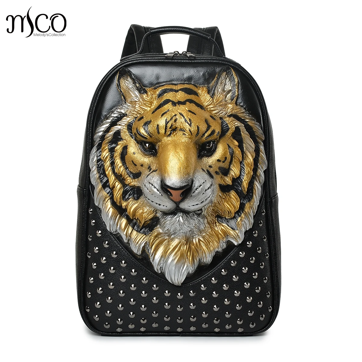 

Мужской мягкий кожаный рюкзак с заклепками и головой тигра