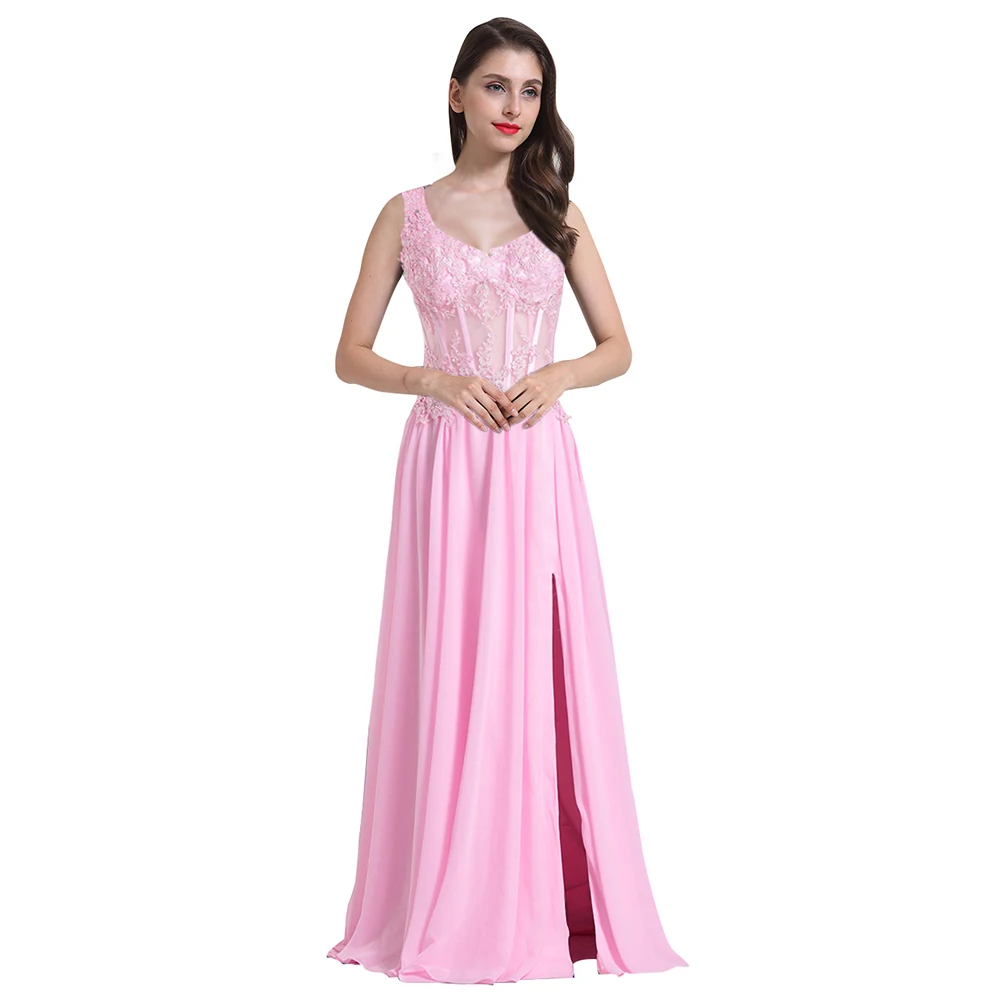 Элегантный Шик Женщины Line V Шеи Иллюзия Талия Этаж Шифон Кружева Длинные Вечерние