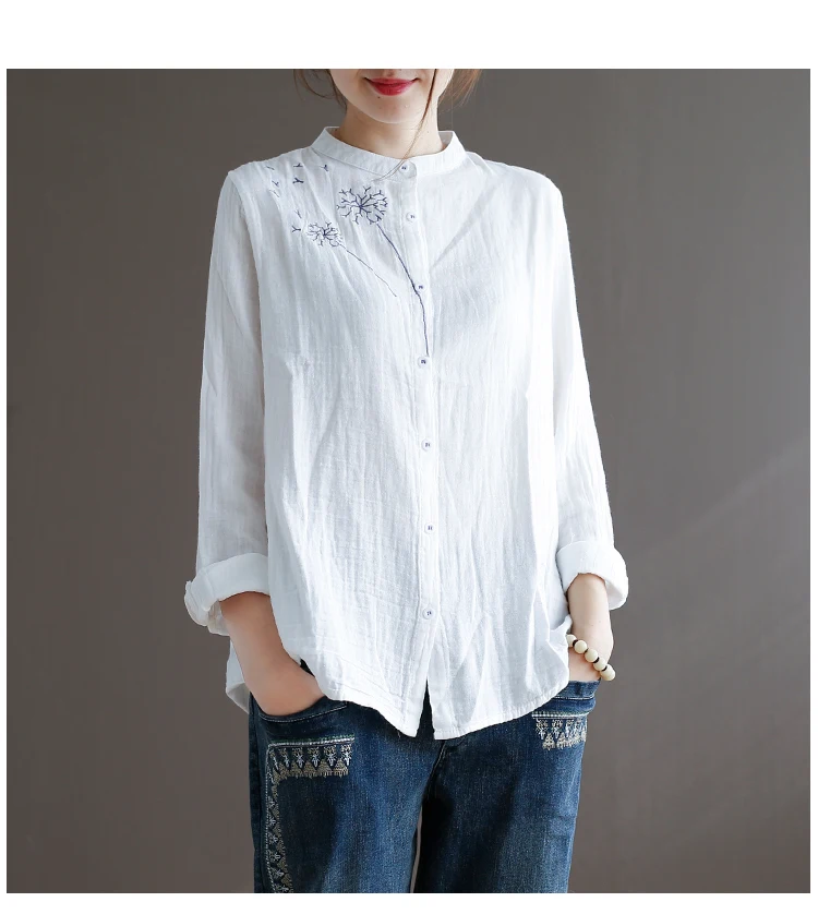 Женская рубашка с воротником-стойкой белая однобортная свободная двухслойная