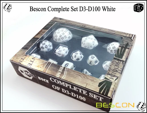 Bescon полный многогранный набор игральных костей 13 шт. D3-D100, 100 сторон набор игральных костей непрозрачный белый