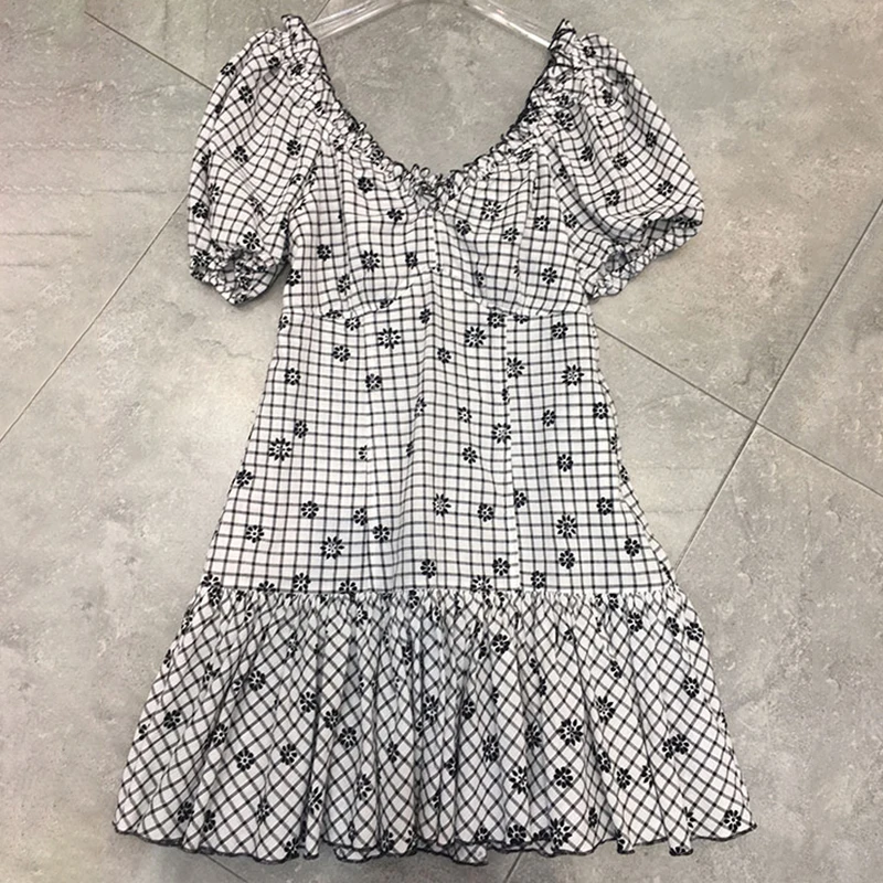 TWOTWINSTYLE Summer Plaid Print Women Dress V Neck Puff Sleeve High Waist Lace Up Slim Mini Dresses Female Fashion Clothes