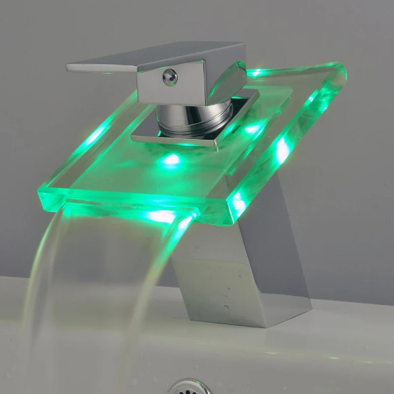 Dokorona LED Light Bathroom Waterfall Led Faucet Glass Wash Basin Mixer Tap Deck Mounted Single Handle | Обустройство дома