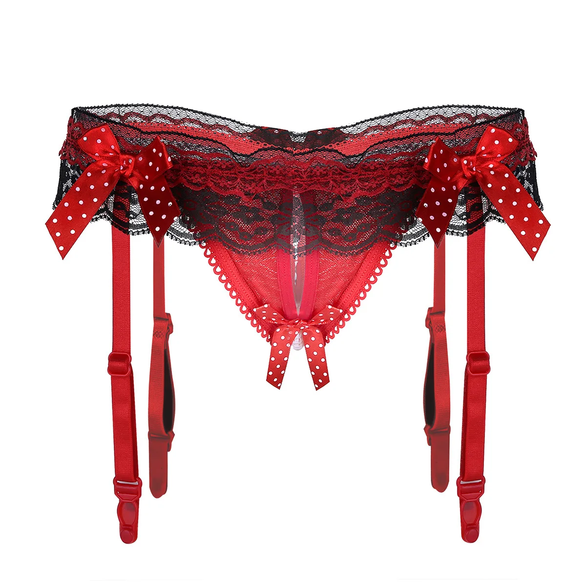 Red Iiniim/женское нижнее белье, трусики без косточек, открытая спина, с рюшами, кружевной бант, бисероплетение, сексуальное открытое промежность, сексуальное нижнее белье с подвязками - Цвет: Red