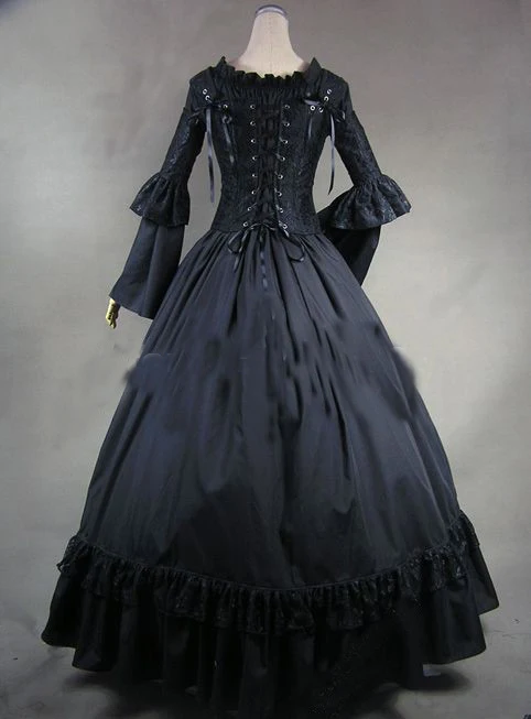 2017 черные платья с длинными рукавами и оборками 18 го века готические