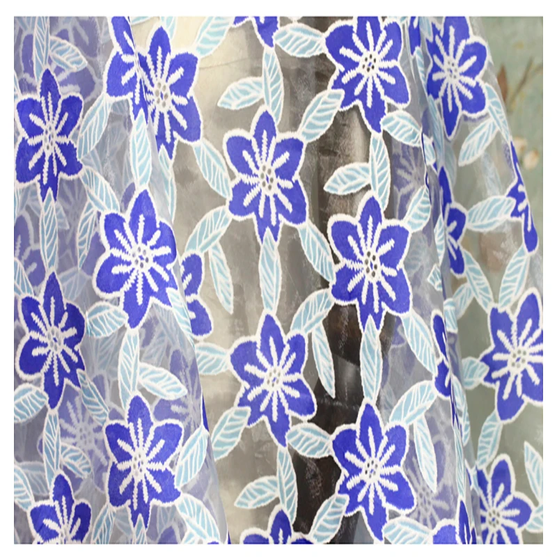 Италия импортные синий цветок Силуэт прозрачная ткань органза 3D окрашенная