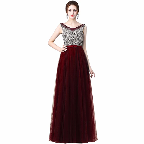 Red wine Ladybeauty Новые сексуальные роскошные длинные стильные платья Дорогой расшитый бусами тюль Платья для официальных мероприятий и вечеринок с кристаллами и жемчугом Длина в пол - Цвет: Red wine