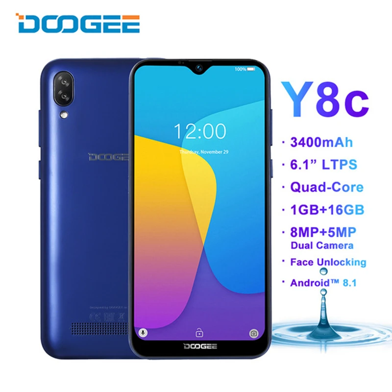 Оригинал DOOGEE Y8 Android 9 0 мобильный телефон 6 1 inch 19:9 Экран MTK6739 4 ядра 3 GB 16 8MP 3400 mAh