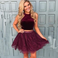 burgundy two pieces prom dresses short sexy halter backless homecoming dress fashion knee length formal evening prom party gowns