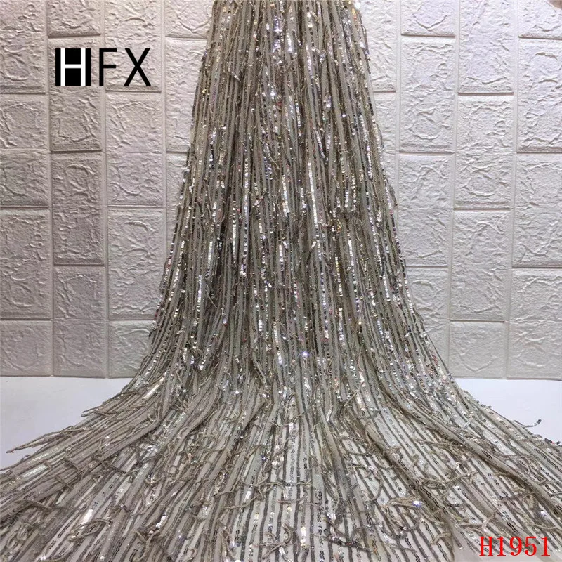 HFX Latest African Laces 2019 Sequin Embroidered Mesh Lace Fabric Champagne Gold French Tulle Wedding Dress X1951 | Дом и сад