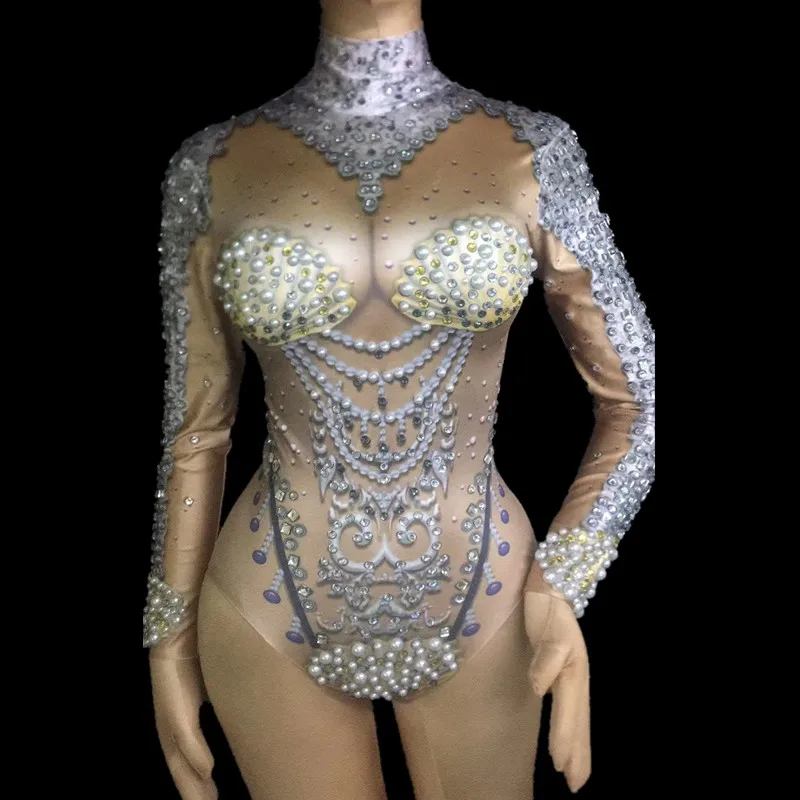 Women's Outfit Birthday Celebrate Costume Women Nightclub Stage Pearl Costume Singers Bodysuit Sparkling Crystals Bodysuit Bling
