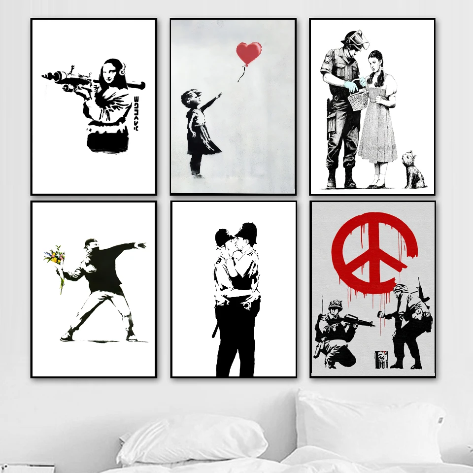 

Banksy Graffiti Canvas Art Prints Kiss Peace Paintings wall art Poster Pop Decoration Pictures Wall Decorative Framed freeship