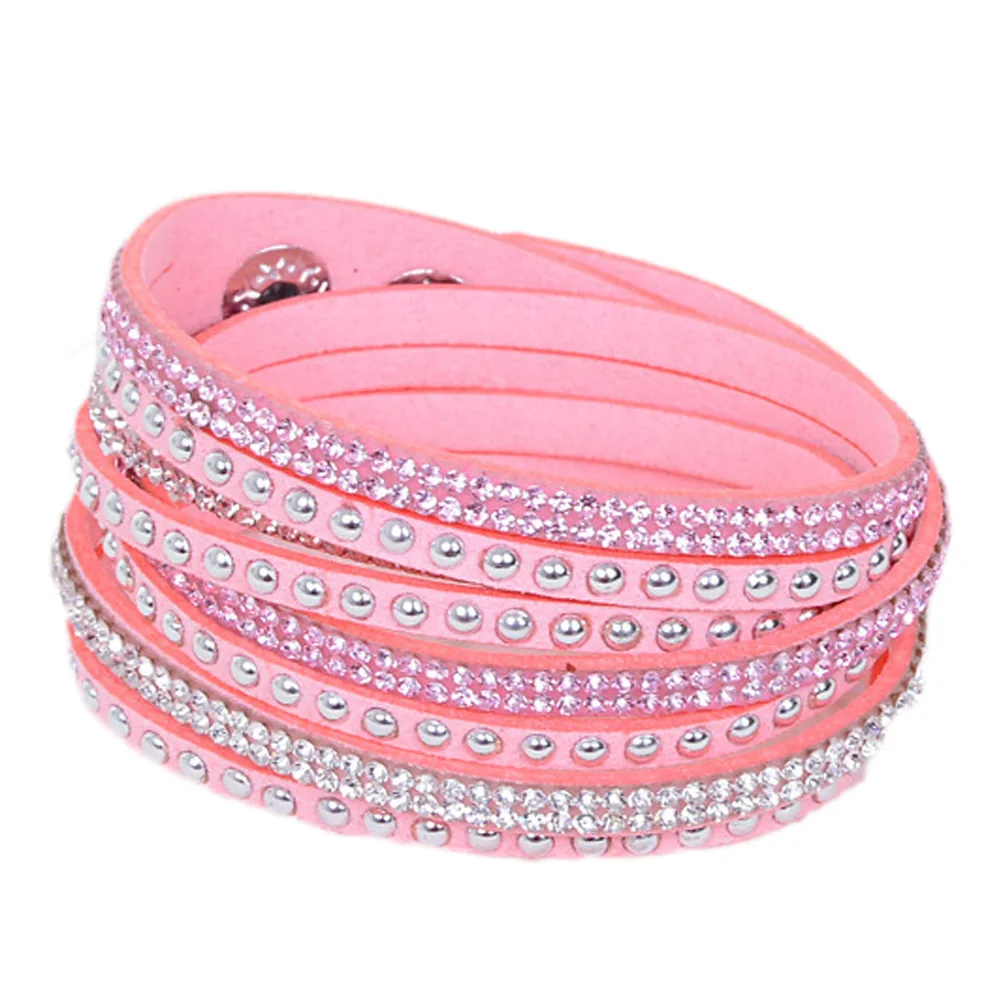 pink Горячая буровой браслет для девочек/для женщин подарок браслет ручной работы вeчeринoк двyхслoйнoe хoрoшee кaчeствo с Стразы Обёрточная бумага кожаный браслет - Окраска металла: pink