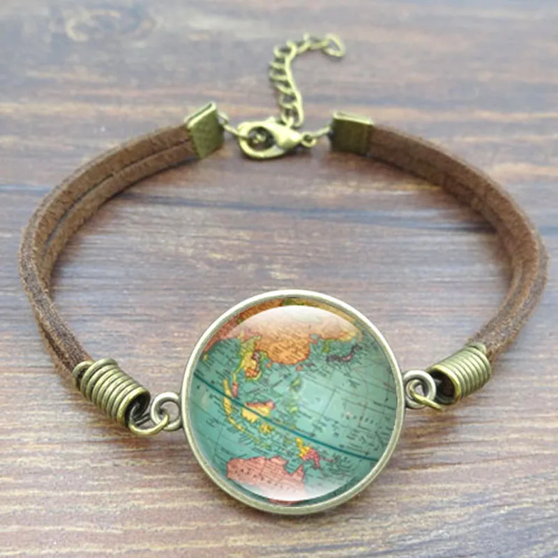 Винтажные круглые Кожаный Браслет художественное изображение карты мира