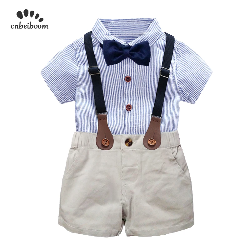 kids boys clothing set gentlemen outfits 2020 summer newborn baby boy bow tie shirt+overall short infant clothes for party wear |