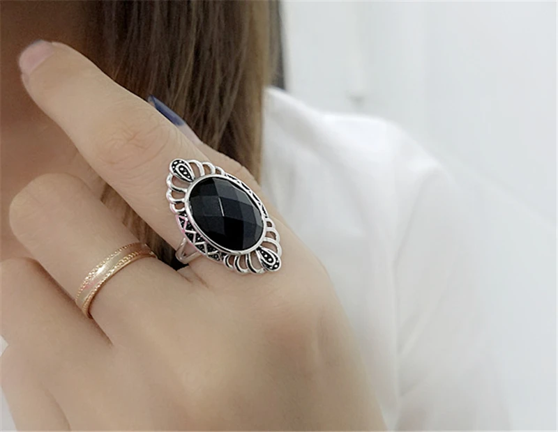 100% Настоящее серебро 925 пробы черный натуральный камень оникс Винтажное кольцо с