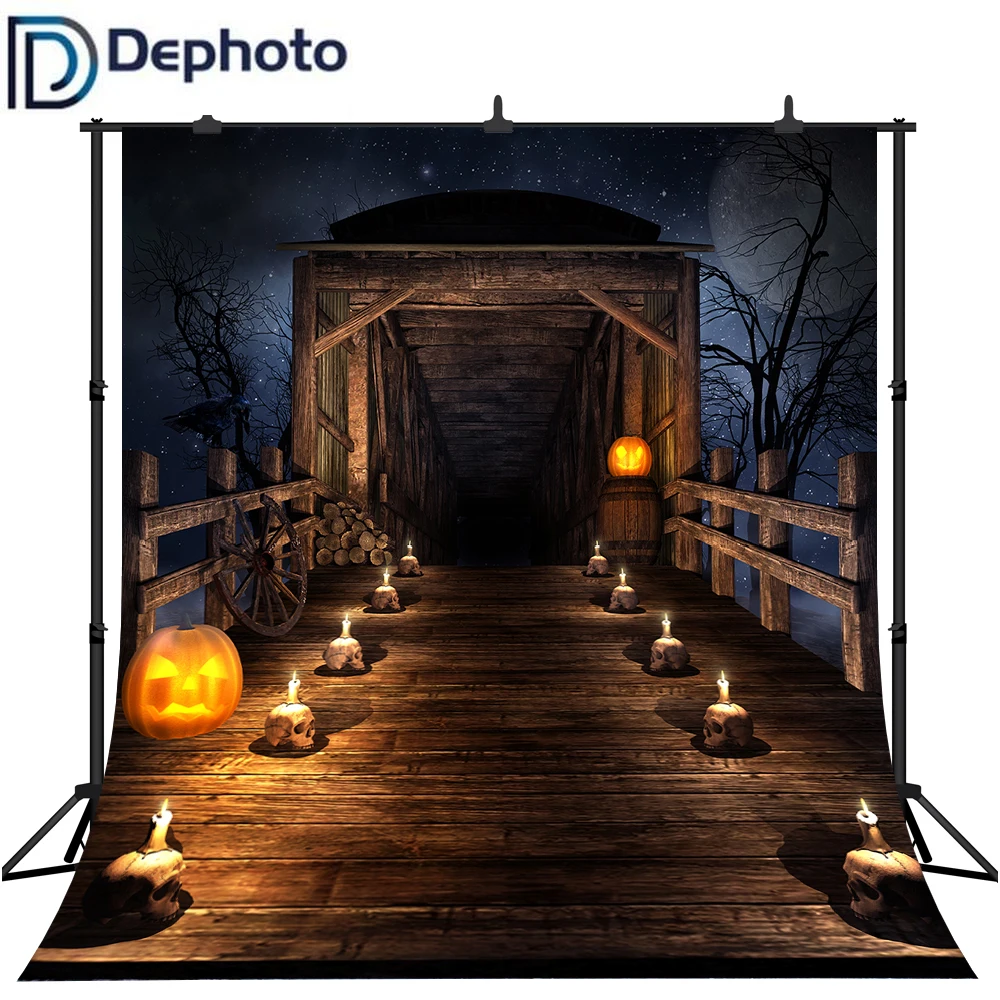Dephoto Full Moon Night звездное небо Хэллоуин фон деревянный мост черепа Свеча светильник