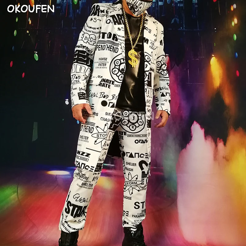 Мужской костюм средней длины Модный повседневный с граффити черно белый