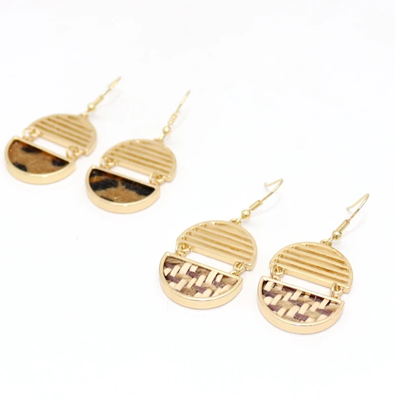 2018 new horsehair Leopard straw braid geometric Semicircle hollow out Dangle Earrings for Women | Украшения и аксессуары