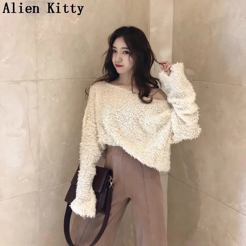 Alien Kitty 2019 Sexy Casual Elegant Bare Shoulder Fresh Simple Autumn Spring Women O-Neck Knitted Sweet Sweater Pullover Female | Женская