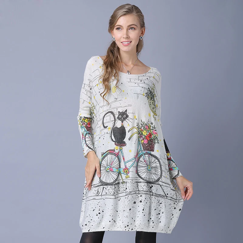 Женский Длинный свитер с принтом в виде кота рукавом летучая мышь | Женская