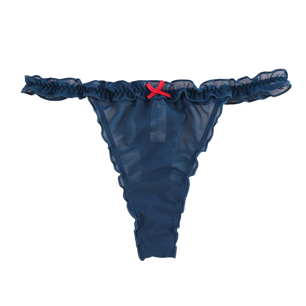 Royal blue Женские сексуальные трусики, ультра-тонкие кружевные стринги с бантиком, эластичное сексуальное нижнее белье, стринги, кружевное бесшовное нижнее белье с Т-образным вырезом и оборками - Цвет: Royal blue