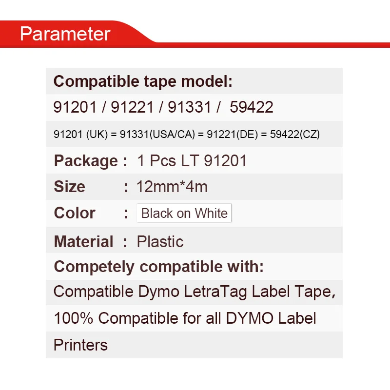 HWDID 5 шт Производитель этикеток совместим с DYMO Letratag 12 мм черный на белом LT 91201 91331