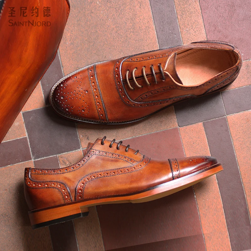 

2016 European style men Bullock carved Oxford shoes vintage brown lace up genuine leather business casual flats zapatos hombre