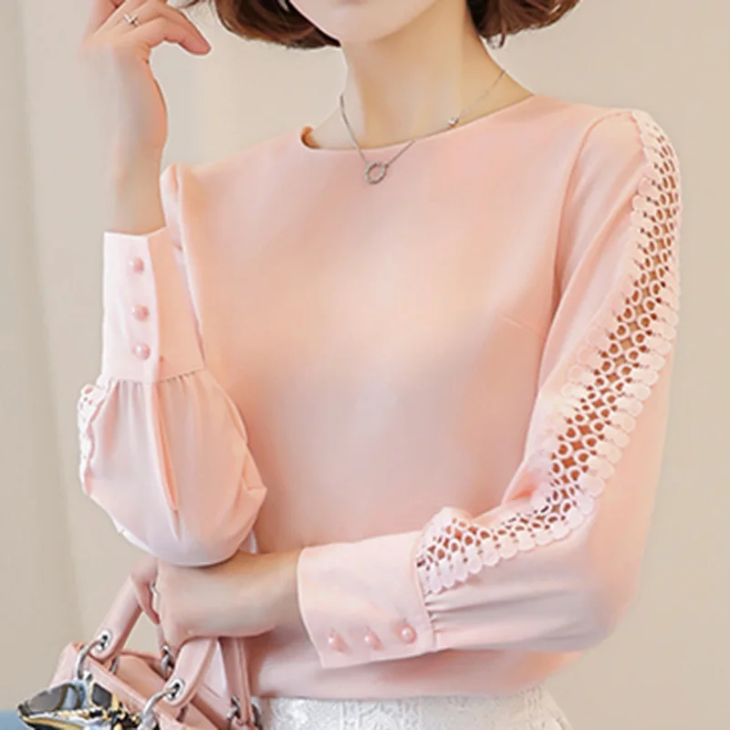 

New Women Blouses Shirt Hollow Out Lace Blouse Tops For Shirt Geometry Casual Go To Work Blusas White Pink Woman OL 49