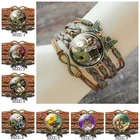 Винтажный коричневый Многослойный кожаный браслет для женщин, медный браслет с кабошоном в форме совы, с застежкой, бесконечность, подарок для женщин и друзей