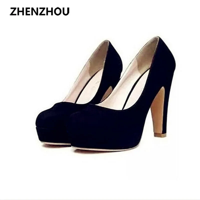 Женская обувь на высоком каблуке 2018 весна/осень из флока толстом с круглым носком