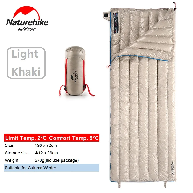 Light Khaki Naturehike ультра-светильник спальный мешок для взрослых Открытый Кемпинг гусиный пух квадратный спальный мешок теплый - Цвет: Light Khaki