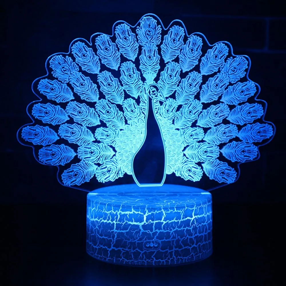 7 цветов Изменение павлина 3D лампа огни Павлин ночник RGB трещины база Ночная