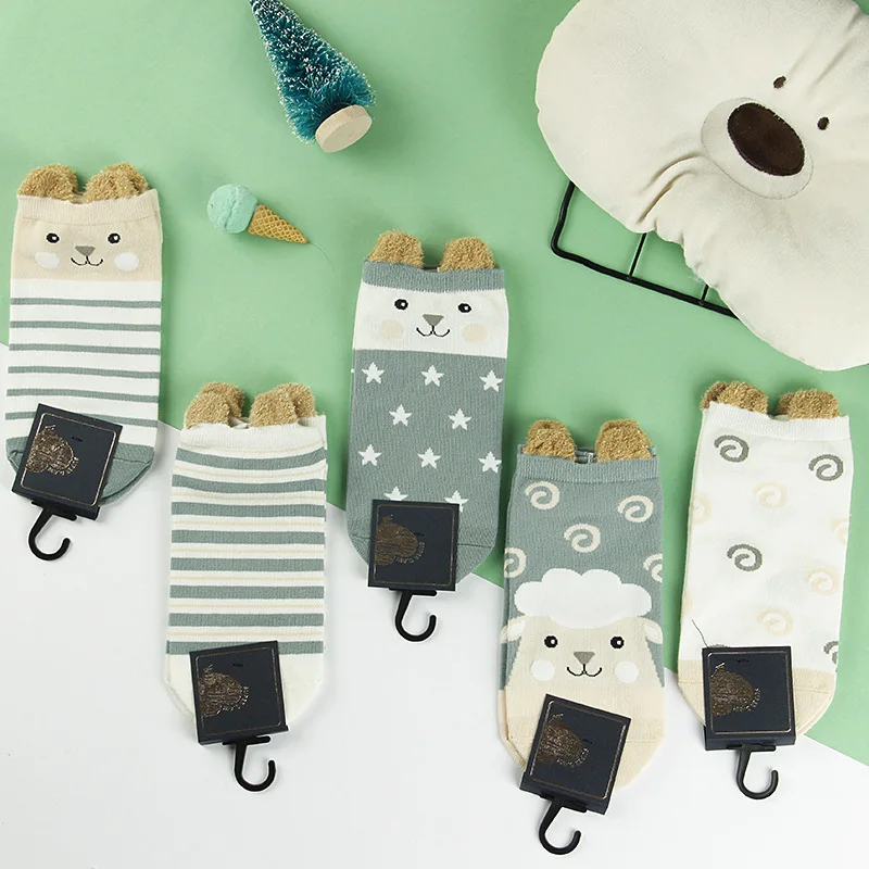 5 Pairs/Lot Women Cute Kawaii Short Socks Cartoon Animals Ears Funny Pattern Jingle Cat Bear Sheep Cotton Ankle Student Socks
