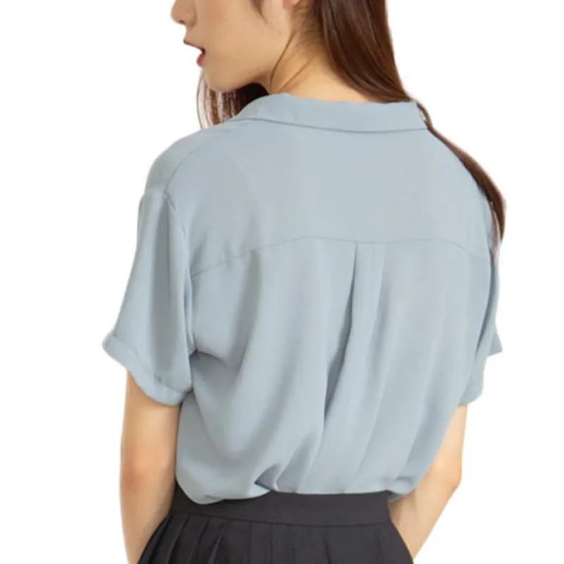 Summer Women Tops Chiffon Blouse Button Loose Shirt Solid Color V-Neck Blusa Feminina Short Sleeves Ladies Office |