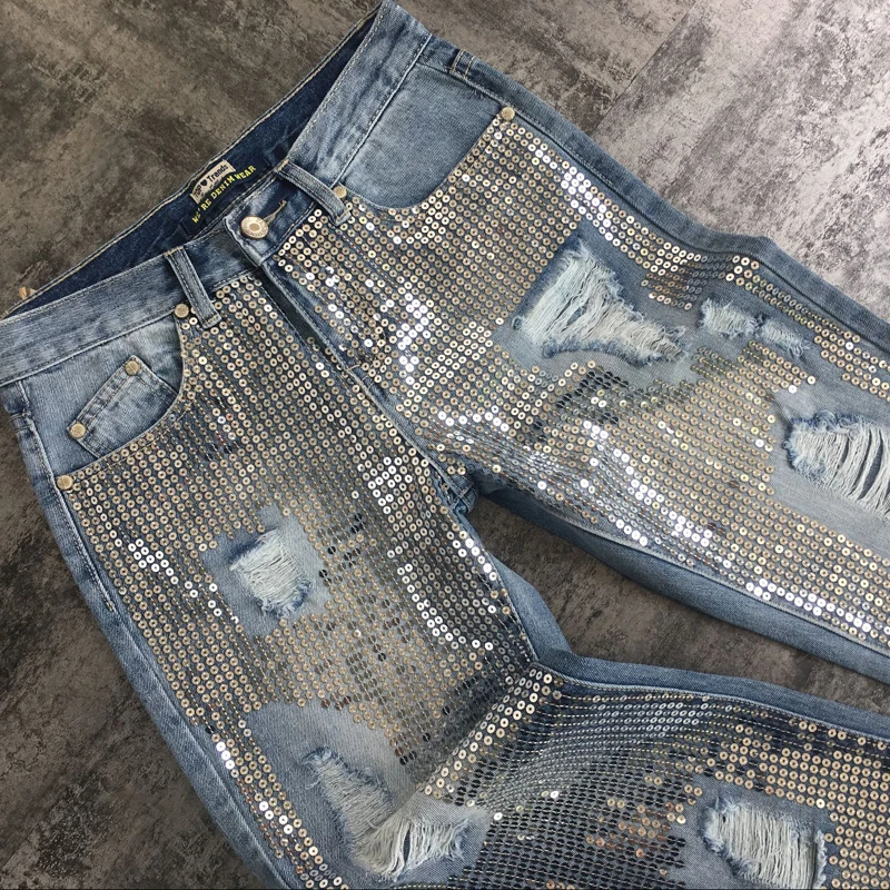 Женщины Witsources свободные модные джинсы с блестками вышивкой рваные повседневные