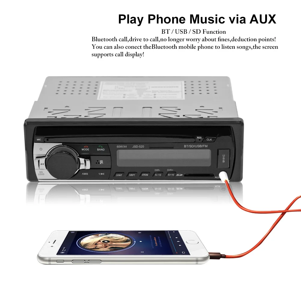 Автомобиль радио 1din Автомобильный стереоплеер Bluetooth аудио Музыка MP3 плеер fm-радио Aux Вход приемник SD USB MP3 плеер универсальный JSD520