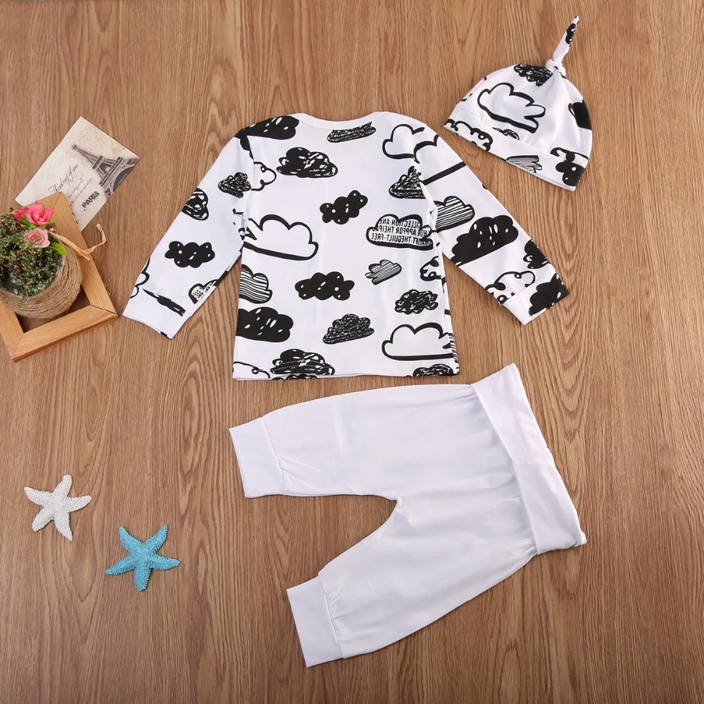 Autumn 2019 Newborn Baby Girl Boy Clothes Set Cotton Clothing cloud Long Sleeved T-shirt+Pants+hat clothes 3Pcs outfit | Детская одежда