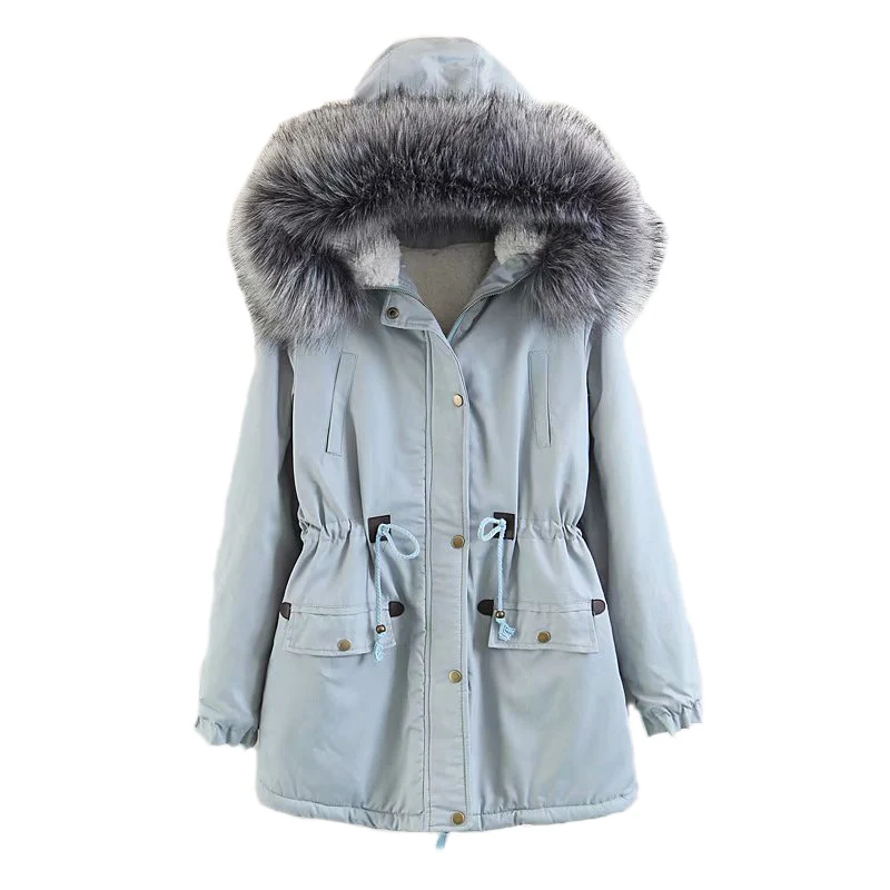 gary blue Женские парки, зимние пальто, воротник из искусственного меха с капюшоном, толстая хлопковая теплая парка, модное Стеганое пальто средней длины, верхняя одежда, топы размера плюс - Цвет: gary blue