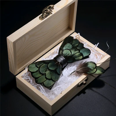 Bowtie pin woodbox JEMYGINS Original Green Birds Feather Bow Tie Natural Hand Made Bowtie Brooch Wood Gift Box Set For Men Business Party Wedding - Цвет: Bowtie pin woodbox