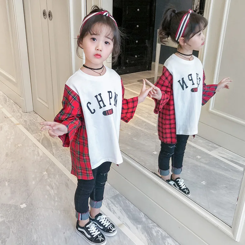 Повседневная клетчатая хлопковая школьная Футболка с принтом для девочек одежда