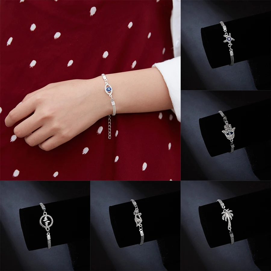 Rinhoo Новая мода синеглазое серебряное цепочка браслеты для женщин Морская звезда ЭКГ пустым кругом-кошка руки Дерево ювелирных изделий на.