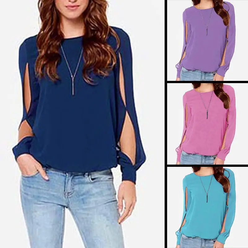 2018 Women Blouse Long Sleeve Hollow Out Sexy Casual Shirt Fashion Chiffon Tops Blue Pink Purple O neck |