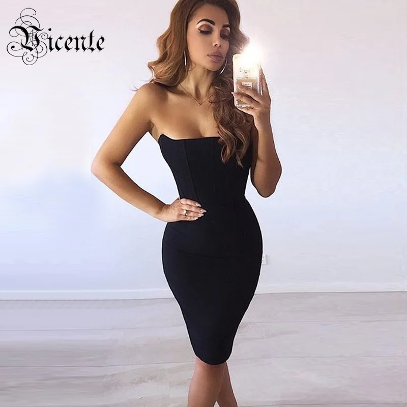 Висенте Горячая Chic Платье черного цвета 2019 г. Новые пикантные без бретелек
