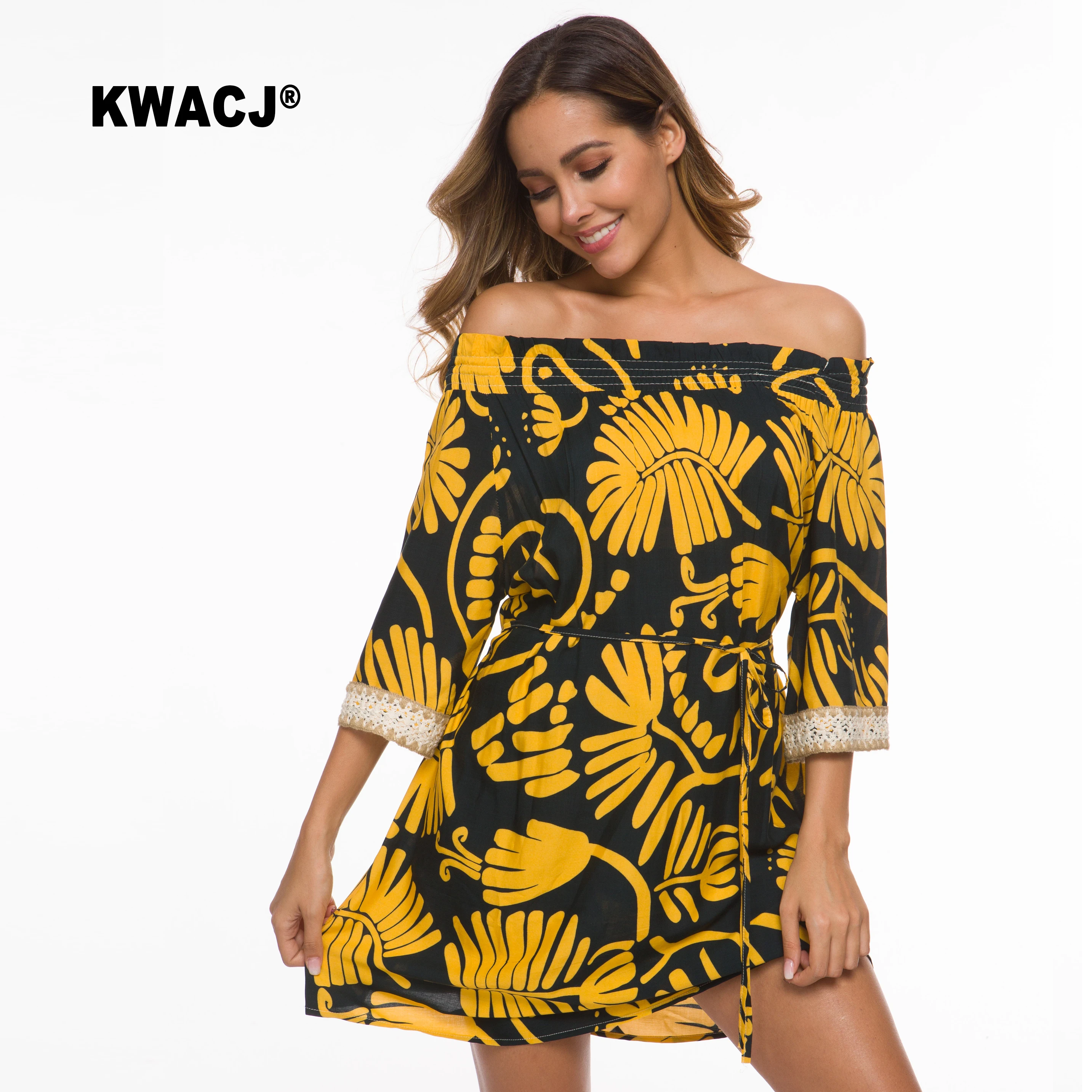 KWACJ Boho желтое платье с цветочным принтом и открытыми плечами женские летние