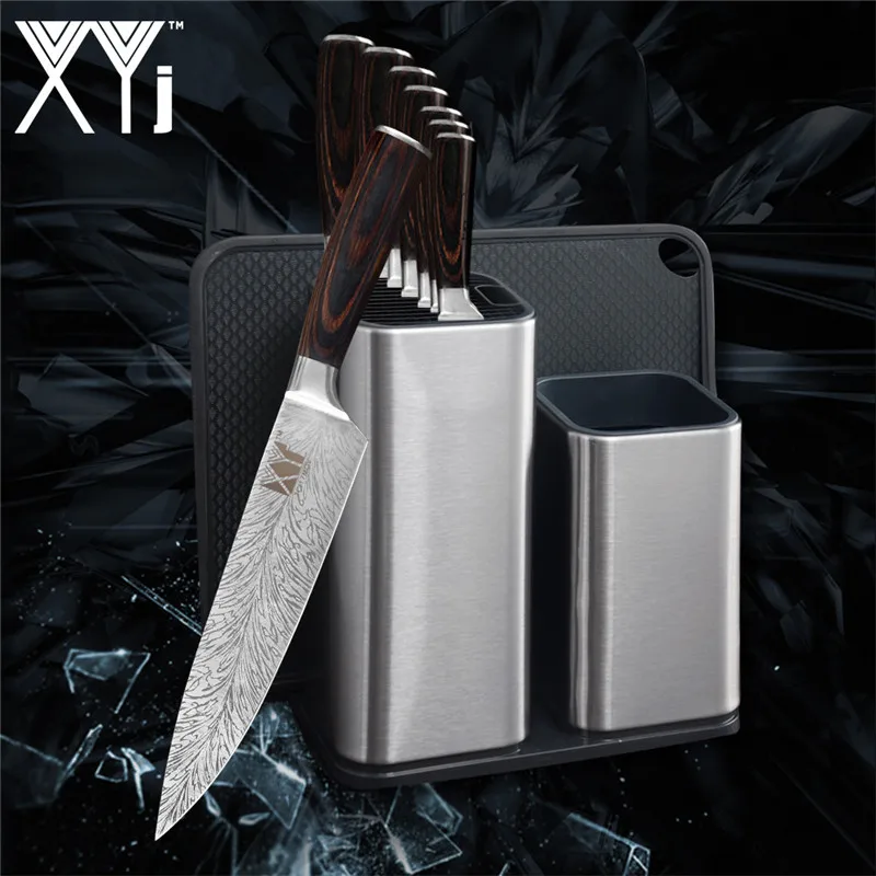 A.9pcs set XYj, 8 шт., набор ножей из нержавеющей стали, дамасский узор, лезвие, цветная деревянная ручка, точилка для ножей, кухонный 6 ''8'', подставка для ножей - Цвет: A.9pcs set