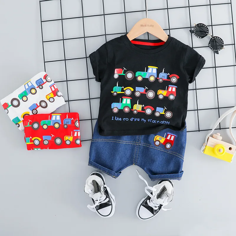 2PCS Children Clothing Baby Boy Suits Sport Outfits Cotton Cartoon Car Printed T-short And Pants Short Sleeve Top Sets |