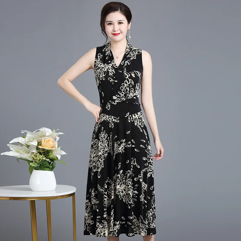 

Summer Print Dress Womens Sexy Maxi Dress Mothers Long Dresses Sleeveless V Neck New Fashion L XL XXL 3XL 2019