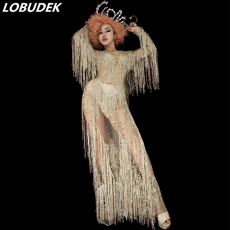 Sexy Perspective Gold Crystals Tassels Long Dress Bar Nightclub Women Singer Host Costume Party Celebration Stage Wear | Женская одежда